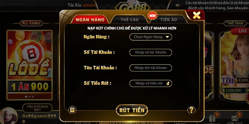 Quy trình rút tiền Go88 qua banking